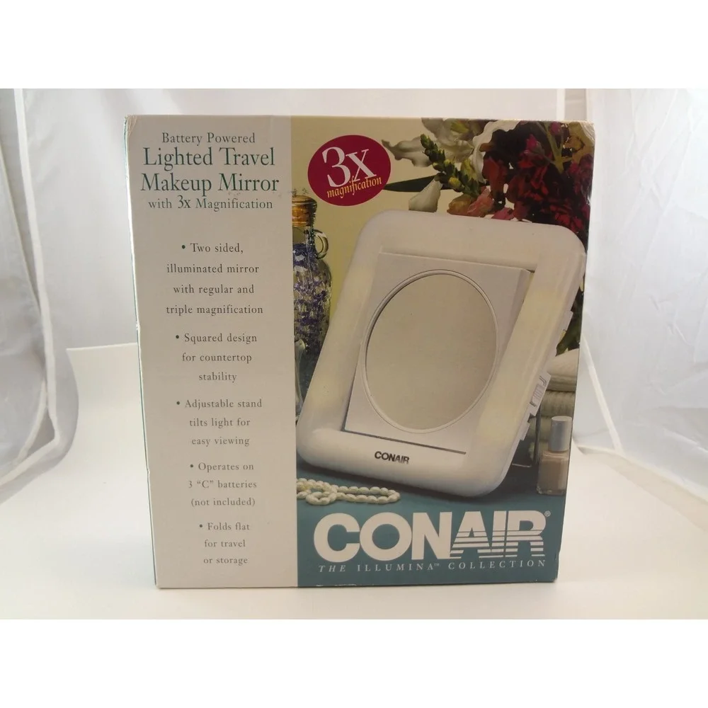 Conair Lighted Travel Makeup Mirror W/ 3x Magnification Square‎ Vintage 1990's